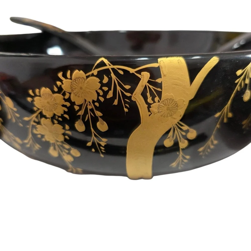 Vintage Japanese Black Gold Lacquer Salad Bowl Set 9 Pc Cherry Blossom Serving